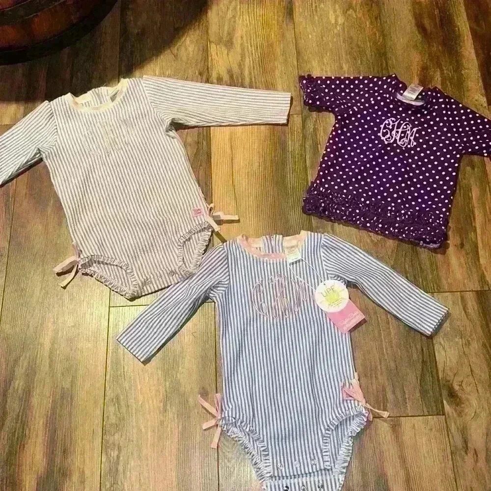 Lot of 3 Rufflebutts Rash guard one piece swim suits & shirt‎ monogrammed cHm